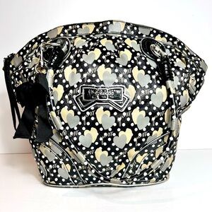 Guess Black Cream Polka Dots Tote Bag, Dual Handles, Heart Pattern Keychain NWOT